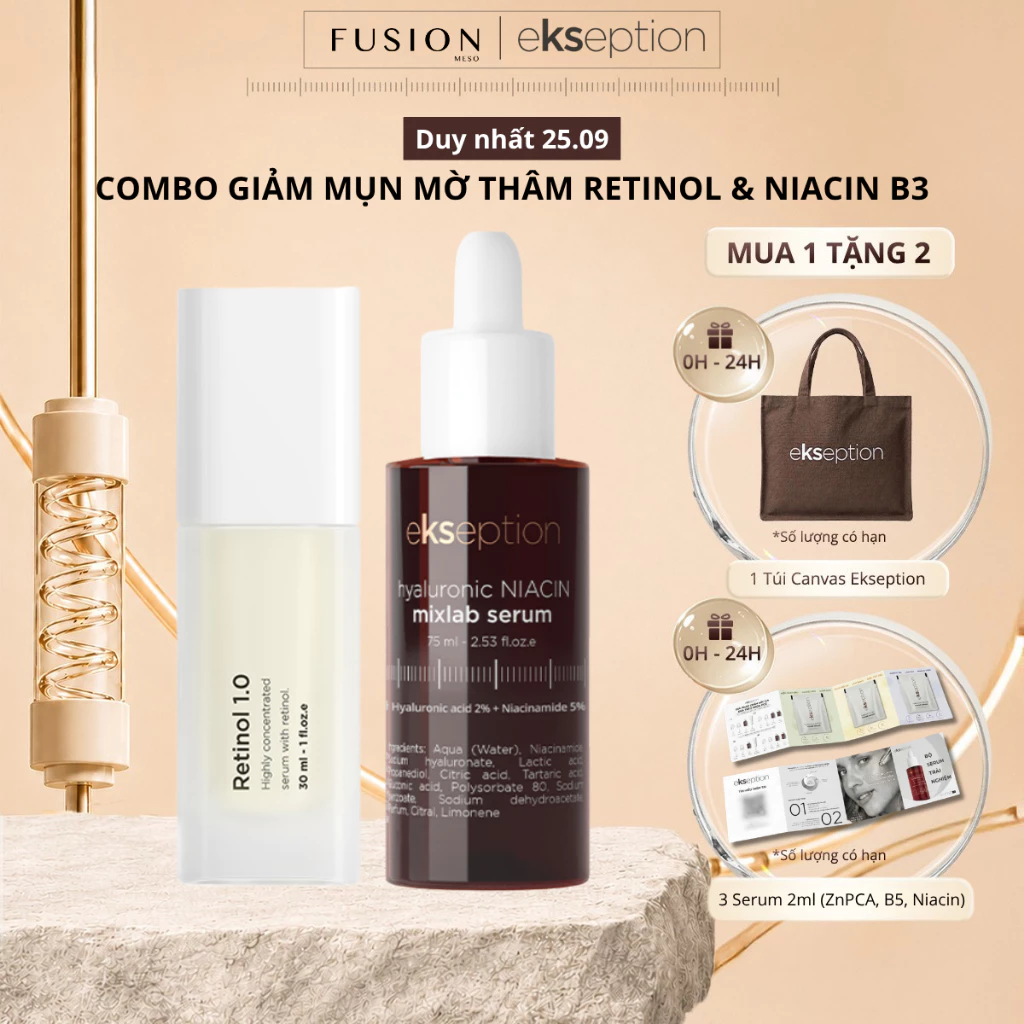 Combo Serum Giảm Dầu Mụn [New version] Fusion Retinol 0.3% 30ml & Ekseption Serum Hyaluronic Niacin Mixlab 75ml