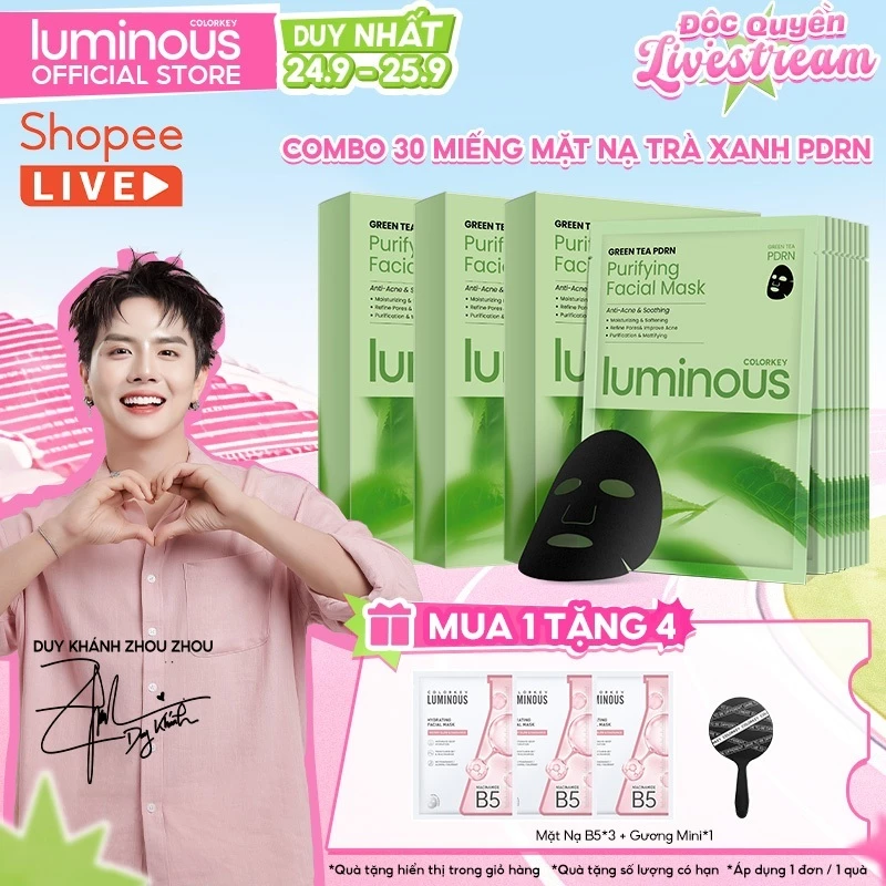 Combo 3 Hộp Mặt Nạ Trà xanh PDRN Dưỡng da Colorkey Luminous Hỗ Trợ Cấp Ẩm Cho Da Mịn Màng 10 miếng/hộp