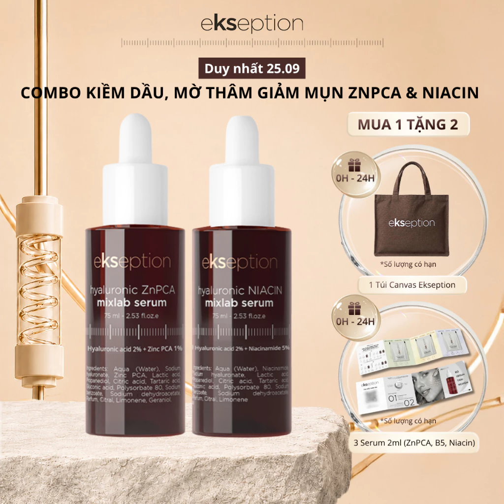 Combo Kiềm Dầu Giảm Mụn Mờ Thâm Ekseption Serum Hyaluronic ZnPCA Mixlab 75ml Và Serum Hyaluronic Niacin Mixlab 75ml