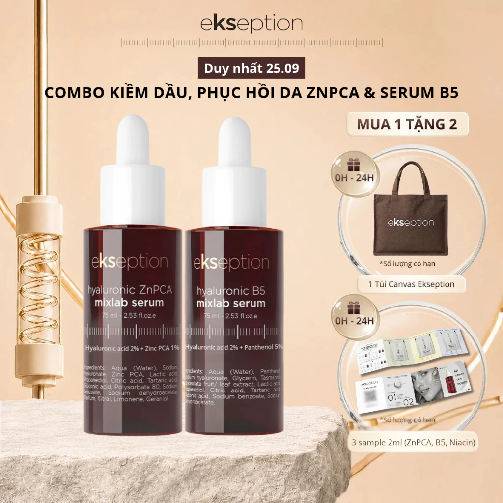 Combo Serum Kiềm Dầu Giảm Mụn Kẽm Hyaluronic ZnPCA Mixlab HA + 1% 75ml Và Ekseption Hyaluronic B5 Mixlab, HA + 5% 75ml