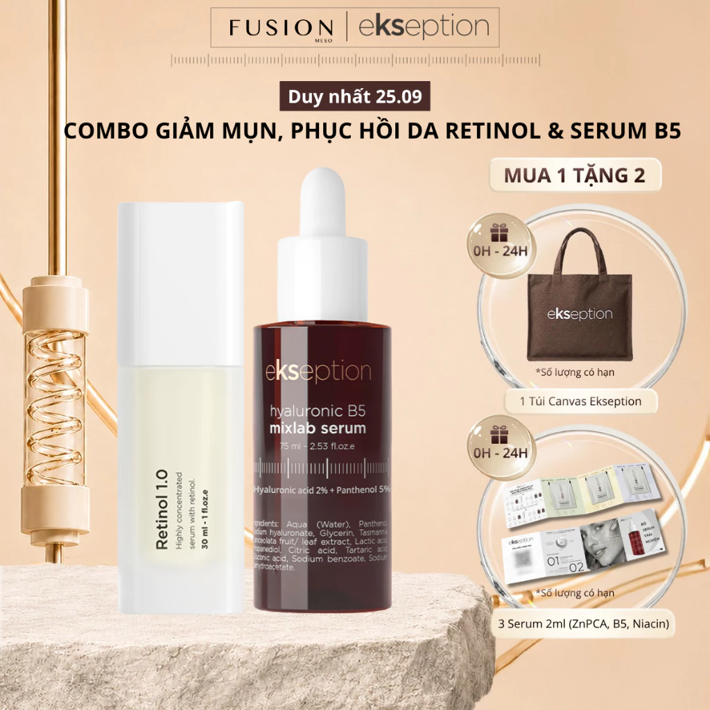 Combo Giảm Mụn Phục Hồi Da Fusion Retinol 0.3% 30ml & Serum Ekseption Hyaluronic B5 Mixlab 75ml