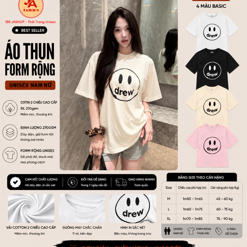 Áo thun form rộng nam nữ unisex hình Mặt Cười vẽ tay chất cotton  100% đl 250gsm