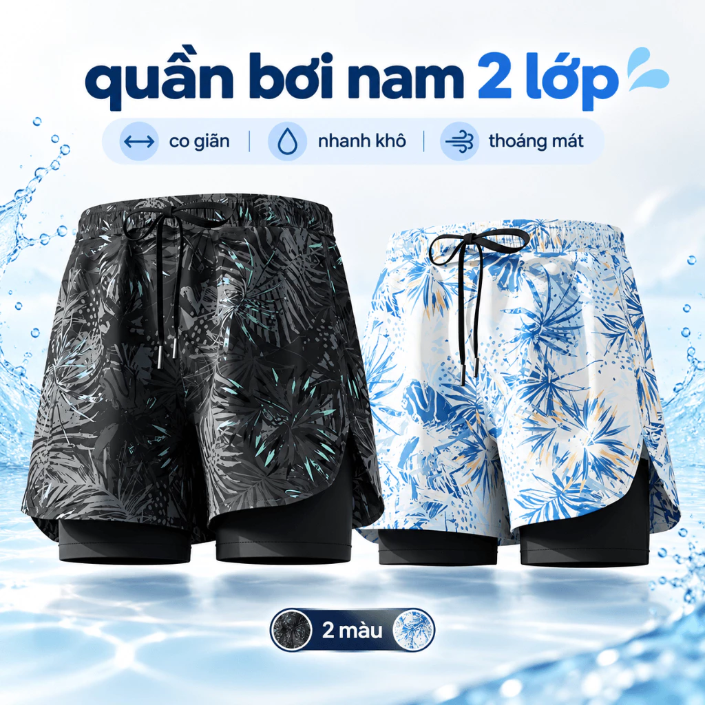 Quần bơi nam Shiwei Ylike 2 lớp, họa tiết, nhanh khô co giãn thoáng mát có lót trong YK14