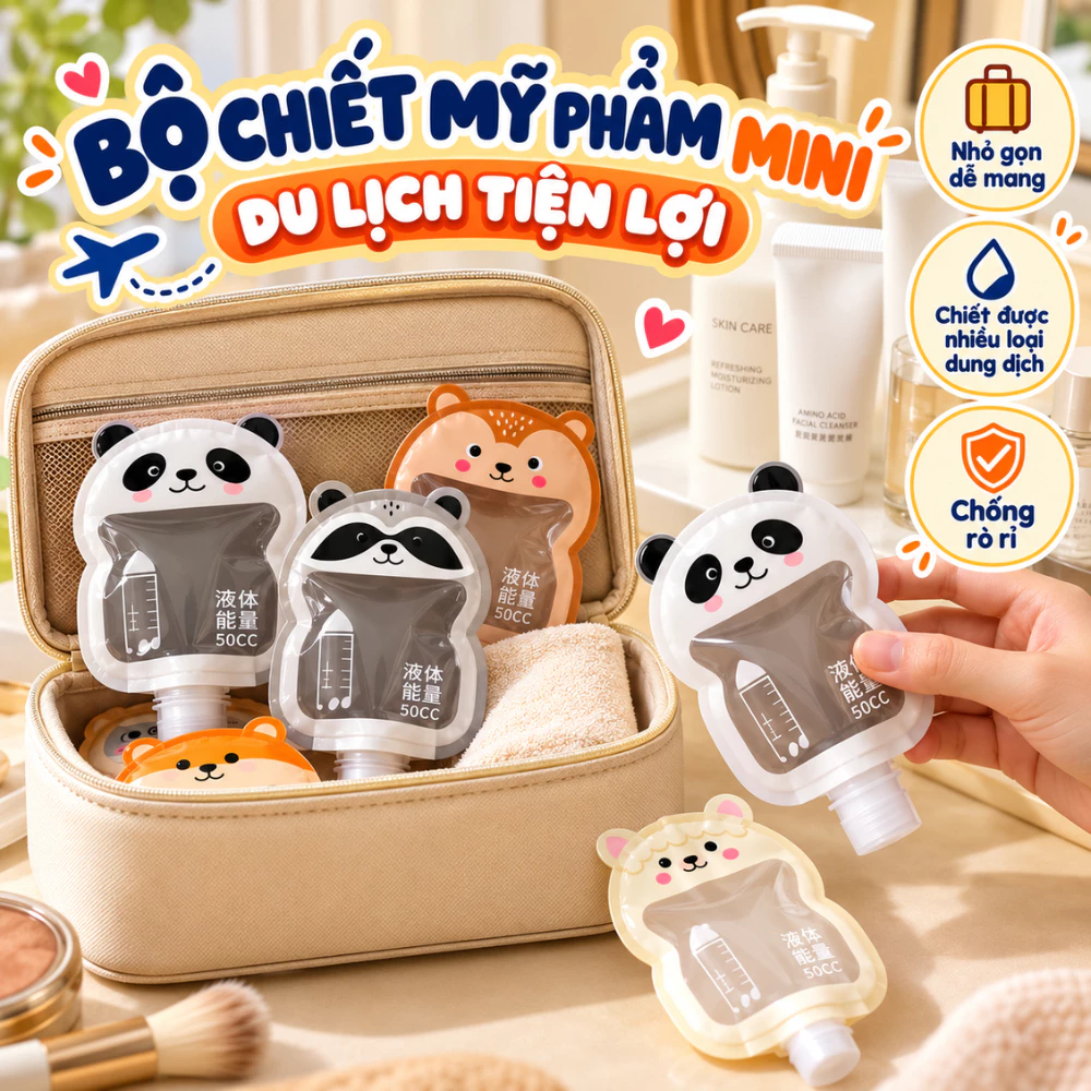 SET Túi Chiết Mỹ Phẩm Du Lịch 50ml Hình Thú Dễ Thương TOAM Túi Đựng Mỹ Phẩm Lọ Chiết Dầu Gội Sữa Tắm