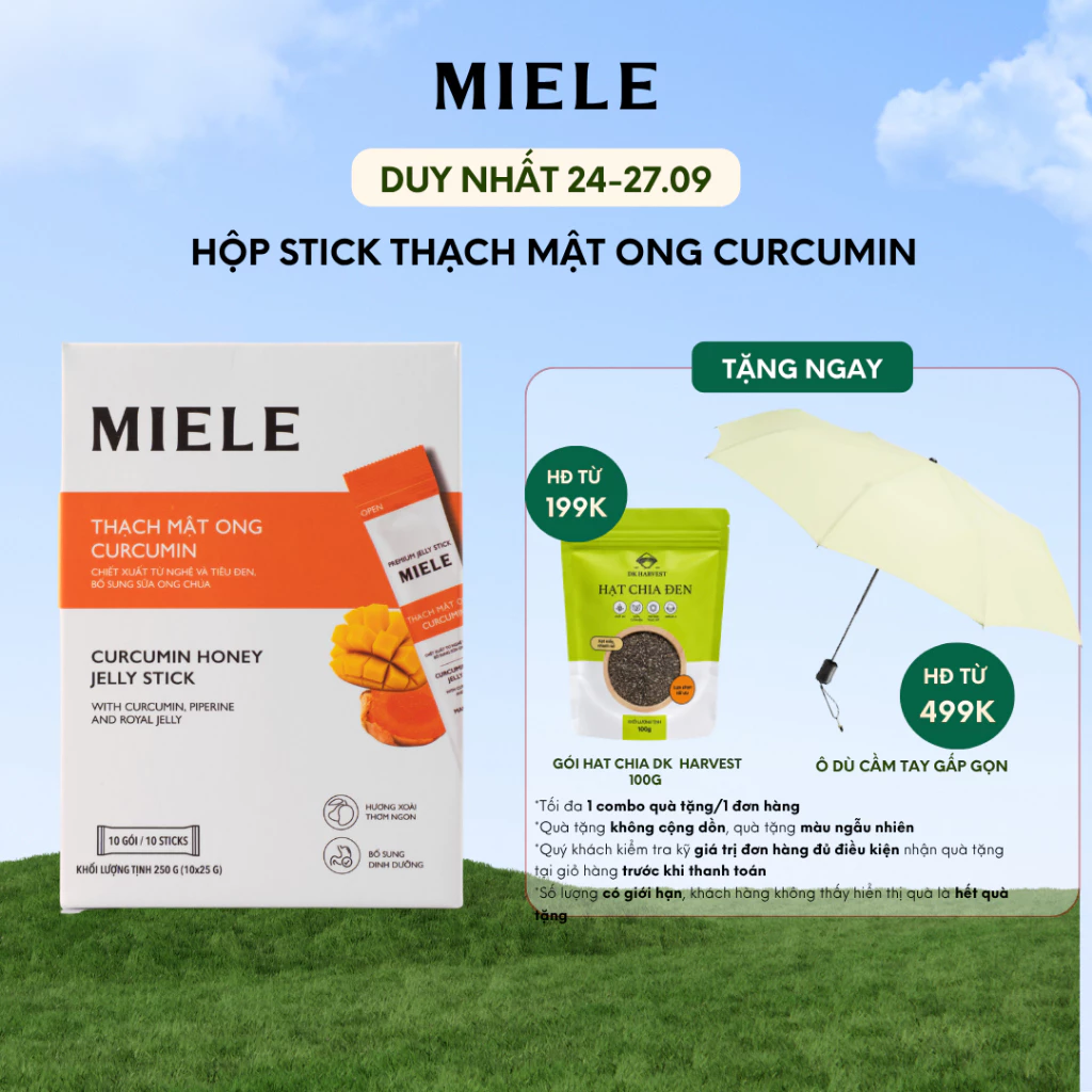 Thạch Nghệ Mật Ong Curcumin Miele, Thạch Meriva Curcumin Miele Vị Xoài Dạng Stick. Ăn Liền Đẹp Da Êm Bụng