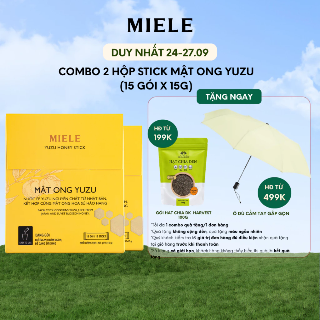 Combo 2 Hộp Stick 15 Gói Mật Ong Chanh Yuzu Miele 15g Tiện Lợi