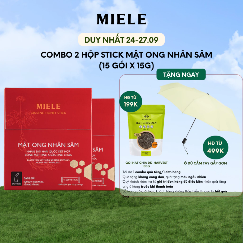 Combo 2 Hộp Stick 15 Gói Mật Ong Nhân Sâm Miele 15g Tiện Lợi