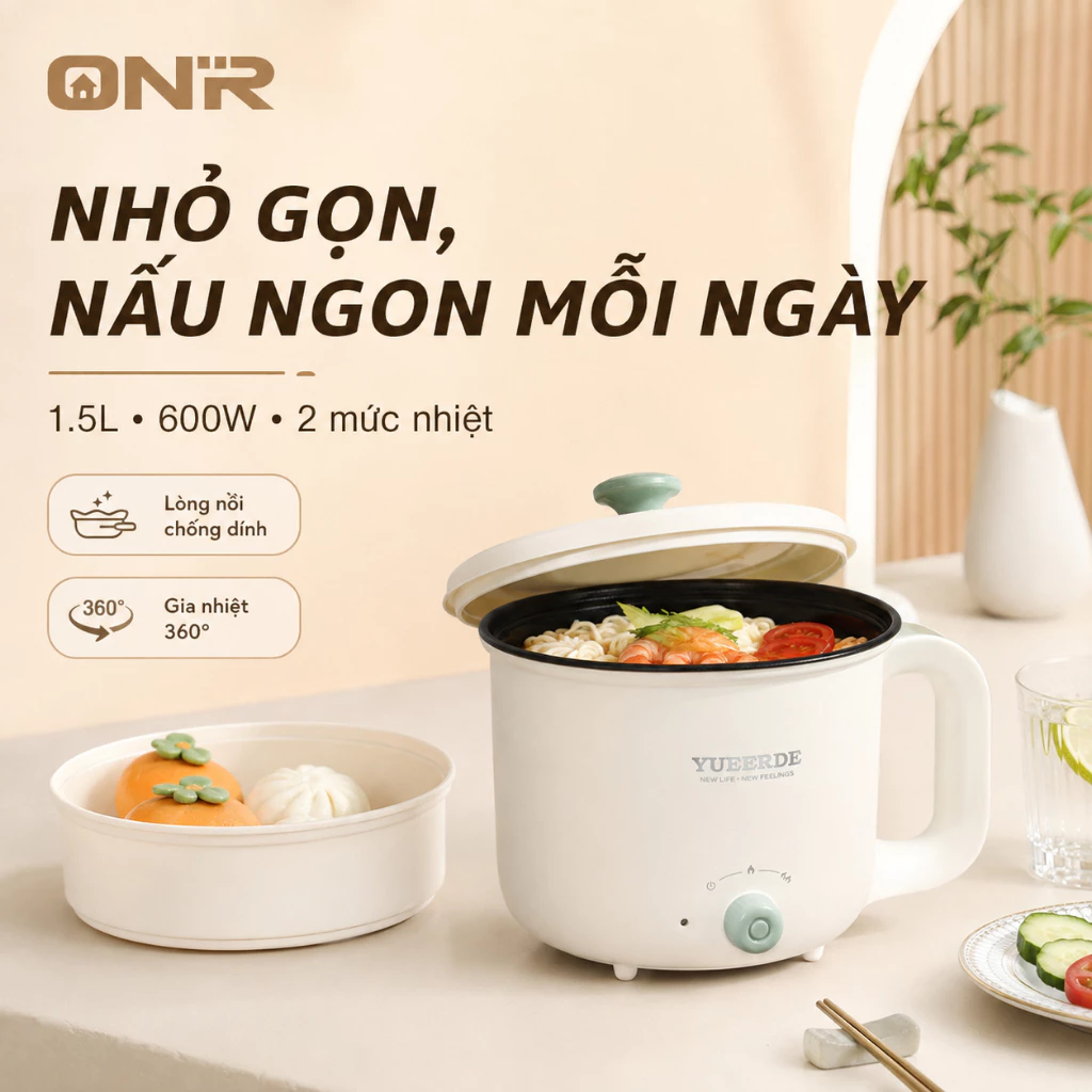 Nồi Lẩu Điện Mini ONR 1.5L 600W, Nồi Điện Đa Năng Chống Dính 2 Tầng Kèm Xửng Hấp, 2 Mức Nhiệt