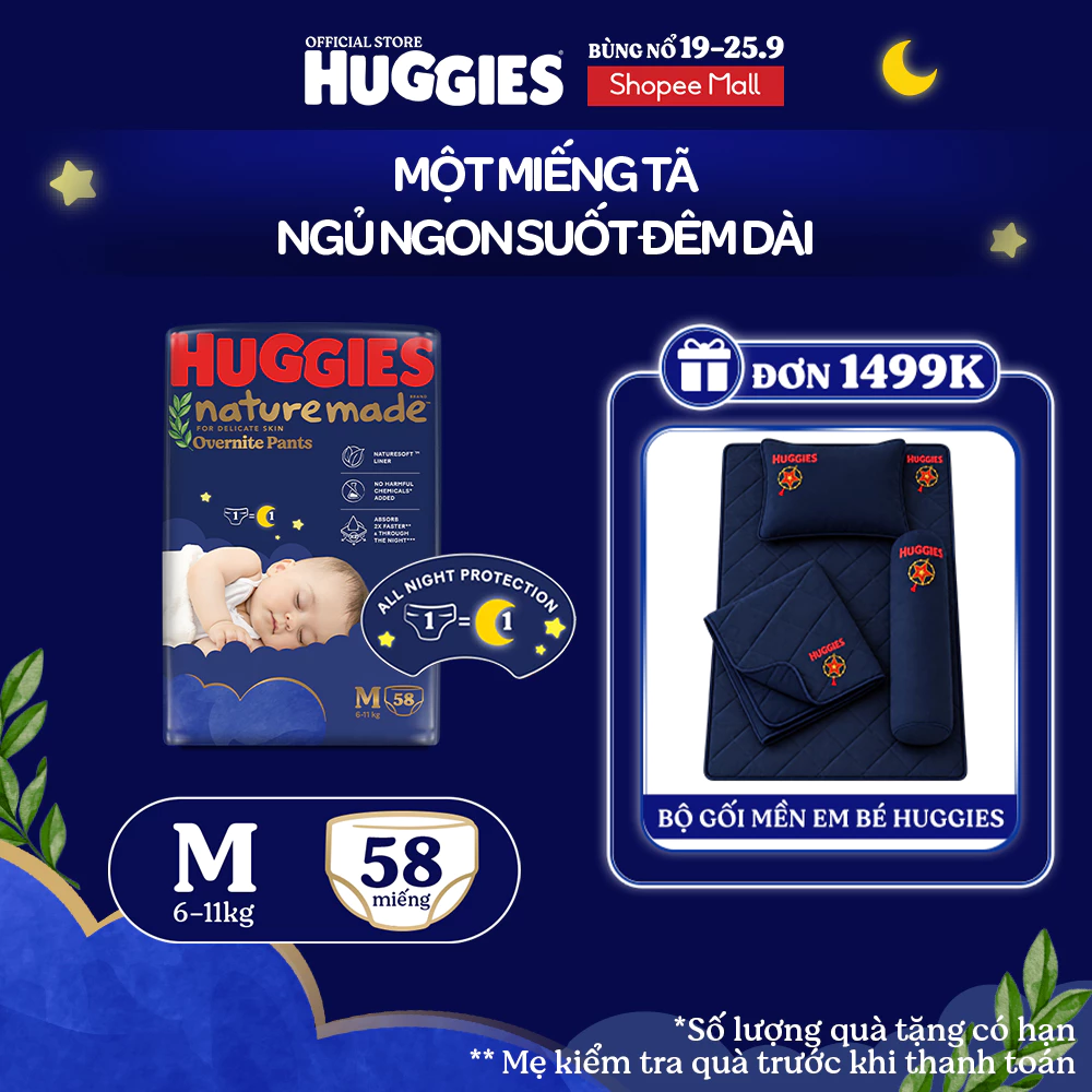 Tã quần Huggies Naturemade ban đêm M58/L44/XL38/XXL26