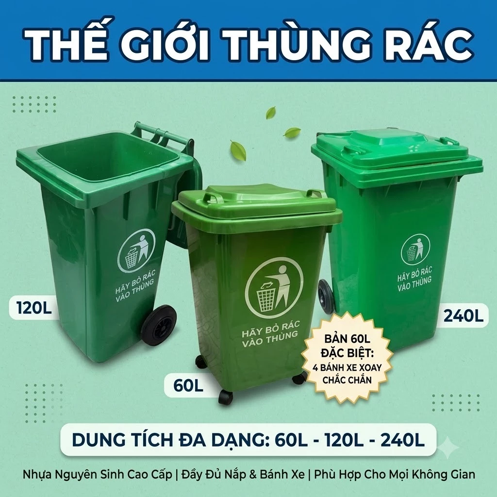 Thùng rác xanh môi trường HDPE chất lượng cao đủ kích cỡ 30L, 60L, 100L, 120L, 240L - Hàng VNXK