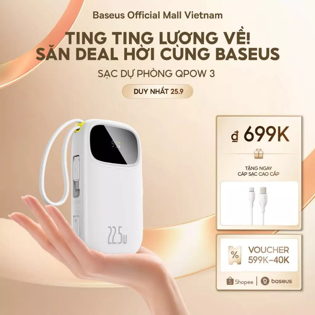 [CCC-MỚI VỀ] Sạc dự phòng Baseus Qpow3 20000mAh/10000mAh PD22.5W Màn Số LED Cáp Kép Sạc Nhanh 2 Thiết Bị