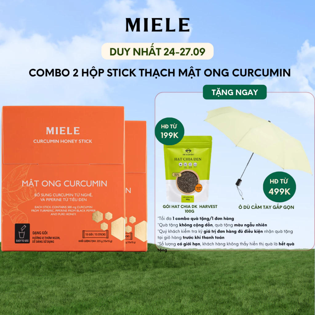 Combo 2 Hộp Stick 15 Gói Mật Ong Curcumin Miele 15g Tiện Lợi