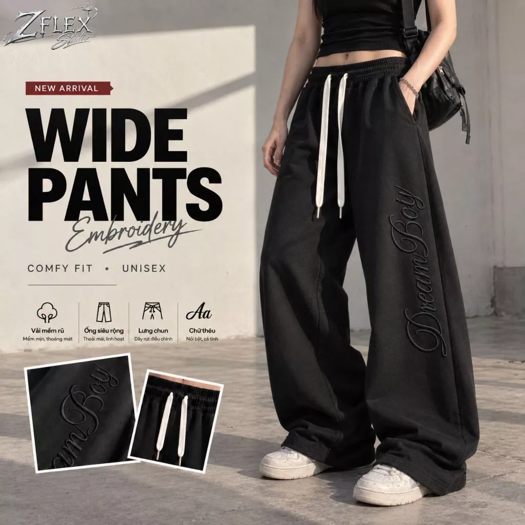 Quần Nỉ Form Rộng UNISEX Thêu DREAM BOY ZFLEX QZG36