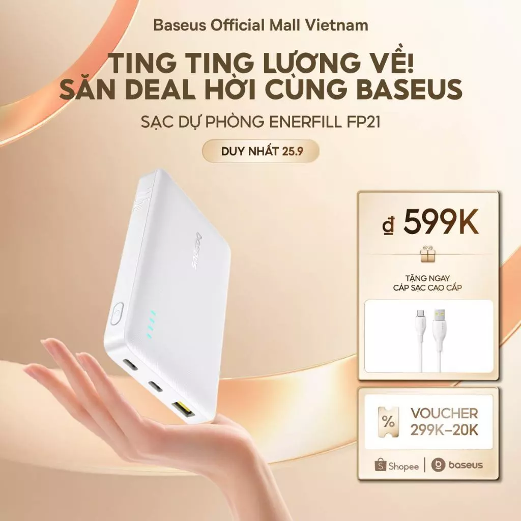 Pin dự phòng Baseus EnerFill FP21 10000mAh 22.5W Bao gồm cáp TypeC sang C sạc nhanh