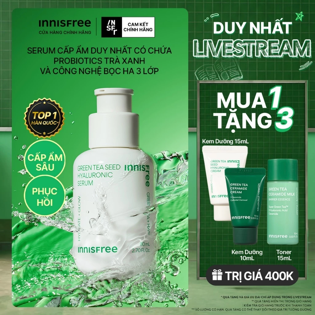 INNISFREE x Serum trà xanh cấp ẩm sâu phục hồi da, với Probiotics INNISFREE Green Tea Seed Hyaluronic Serum 80mL