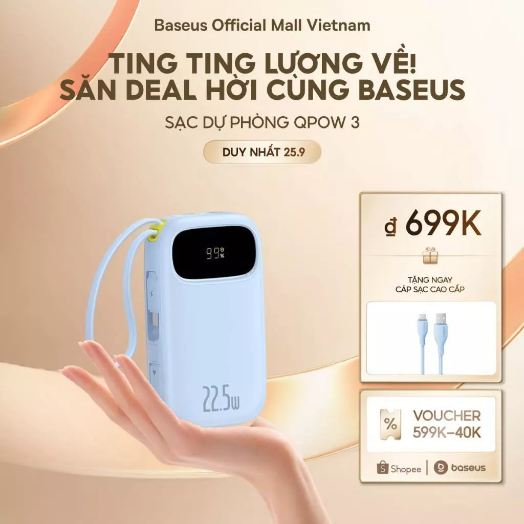[45W MỚI VỀ] Baseus QPow3 Digital Display Power Bank with 2 Built-in USB-C Cables 20000 10000mAh 45W