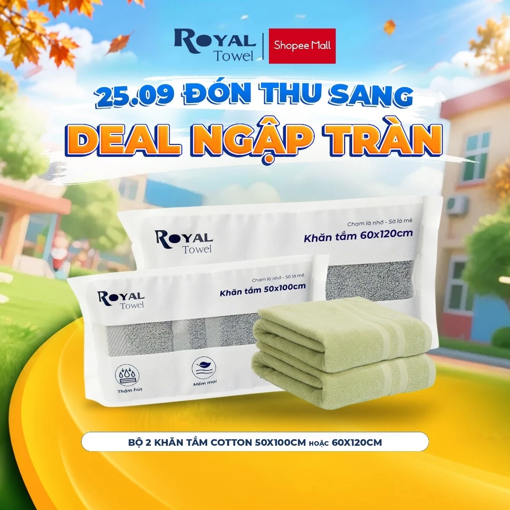 [SSV] Bộ 2 Khăn Tắm Royal Towel 50x100cm Hoặc 60x120cm Sợi Cotton Mềm Mịn, Thấm Hút Tốt, Không Xổ Lông, Không Phai Màu