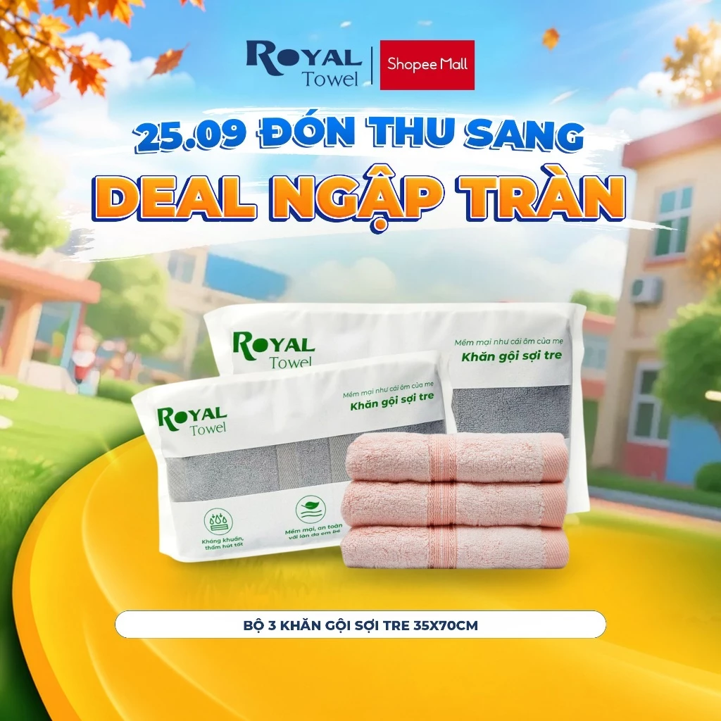 Bộ 3 Khăn Gội Royal Towel 35x70cm Sợi Tre Bamboo, Mềm Mịn, Thấm Hút Tốt, Không Xổ Lông, Không Phai Màu, An Toàn Cho Da
