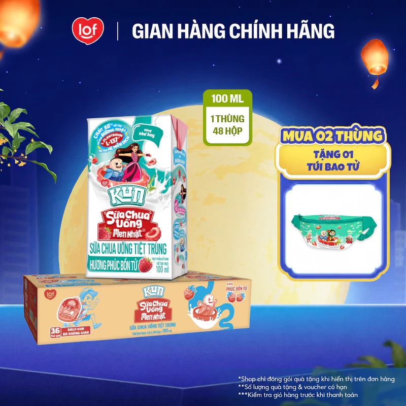 Sữa chua uống tiệt trùng KUN hương phúc bồn tử thùng 48 hộp x 100ml