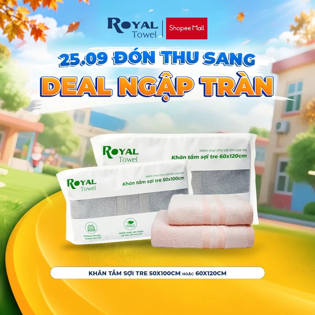 Khăn Tắm Royal Towel 50x100cm Hoặc 60x120cm Sợi Tre Bamboo, Mềm Mịn, Thấm Hút Tốt, Không Xổ Lông, Không Phai Màu