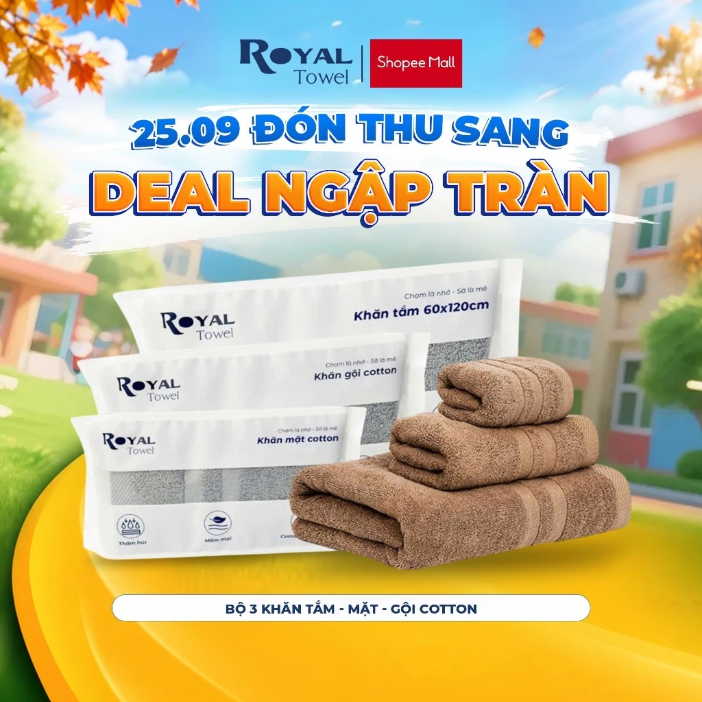 [SSV] Bộ 3 Khăn Mặt Khăn Gội Khăn Tắm Royal Towel Sợi Cotton Mềm Mịn, Thấm Hút Tốt, Không Xổ Lông, Không Phai Màu