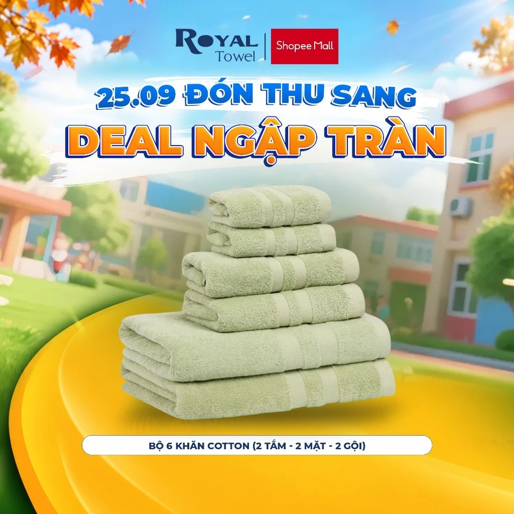 Bộ 6 Khăn Tắm Gội Mặt Royal Towel - 2 Mặt, 2 Gội, 2 Tắm 60x120cm Sợi Cotton Mềm Mịn, Thấm Hút Tốt, Không Xổ Lông