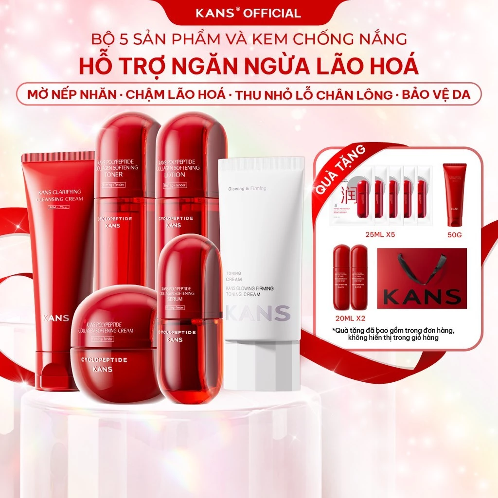 [DIỆP LÊ] KANS Combo 6 Món Dưỡng Da Chống Lão Hóa Sữa Rửa Mặt - Toner - Lotion - Serum - Kem Dưỡng kèm Kem Nâng Tông