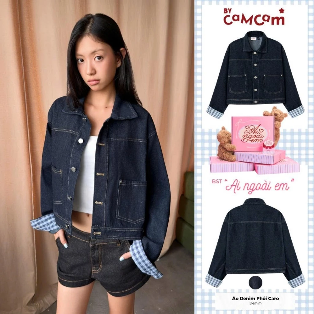 [AI NGOÀI EM] Áo Khoác Denim Phối Măng Sét Caro 𝑩𝒚𝒄𝒂𝒎𝒄𝒂𝒎 Phong Cách Retro Dáng Ngắn Năng Động AKHD368