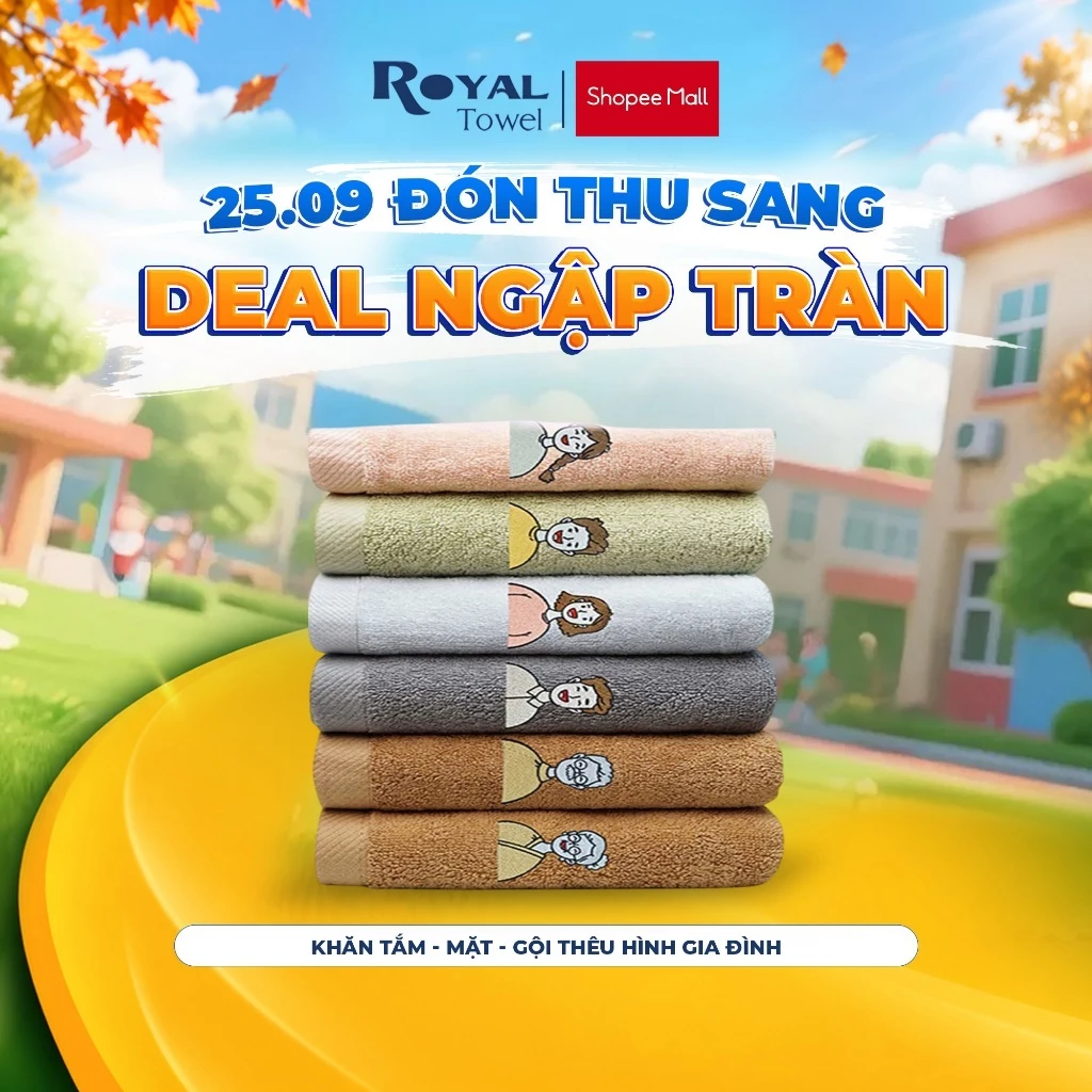 Khăn Tắm Khăn Gội Khăn Mặt Royal Towel Thêu Hình Gia Đình, Sợi Cotton Mềm Mịn, Thấm Hút Tốt, Kháng Khuẩn