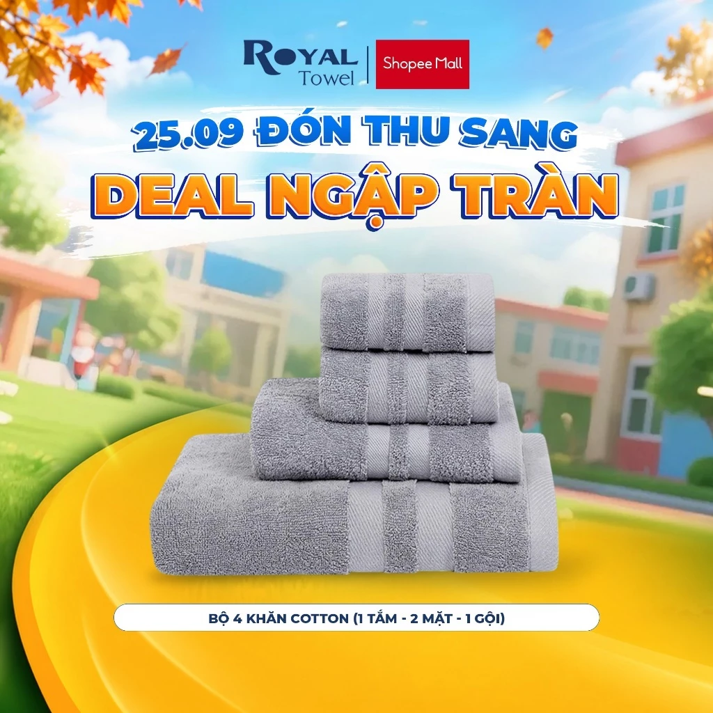 Bộ 4 Khăn Gồm 2 Mặt, 1 Gội, 1 Tắm 60x120cm Royal Towel Sợi Cotton Mềm Mịn, Thấm Hút Tốt,  Không Xổ Lông, Không Phai Màu