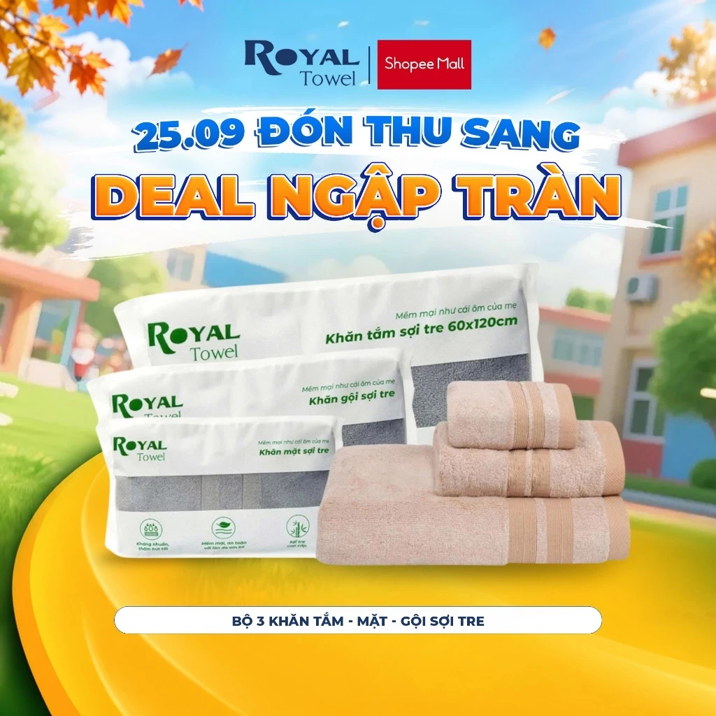 Bộ 3 Khăn Mặt, Gội, Tắm Royal Towel Sợi Tre Bamboo, Mềm Mịn, Thấm Hút Tốt, Không Xổ Lông, Không Phai Màu, An Toàn Cho Da