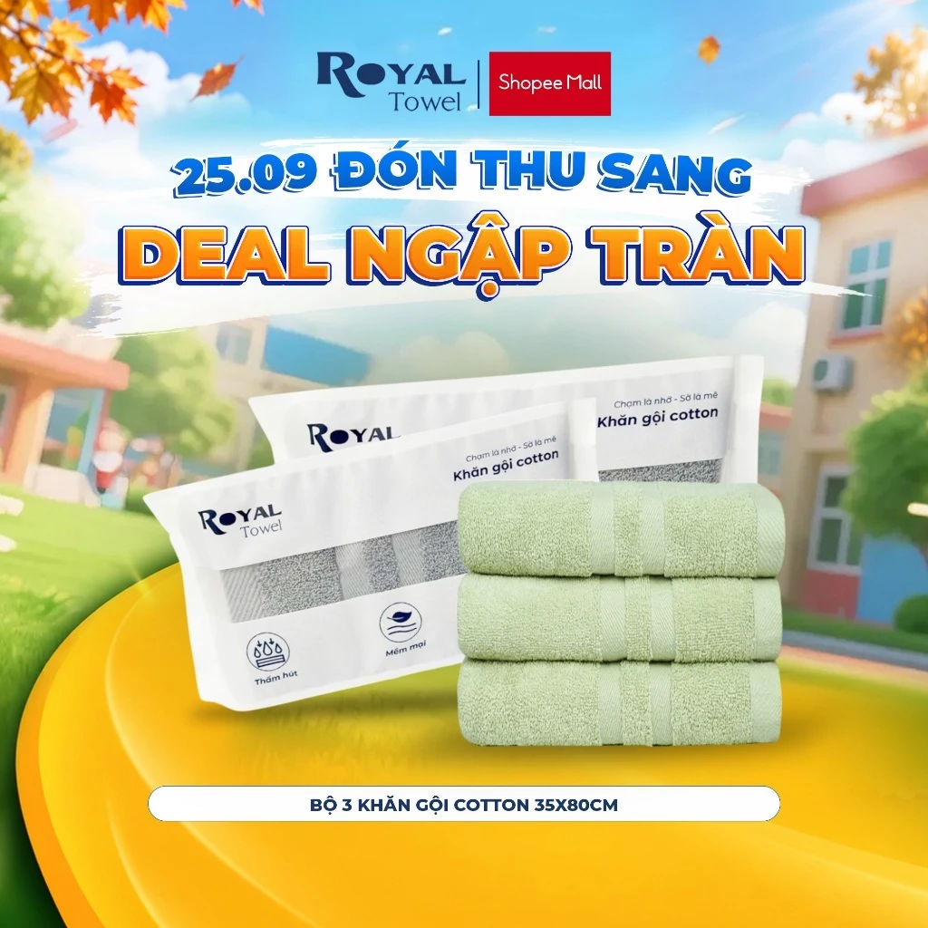 Bộ 3 Khăn Gội Royal Towel 35x80cm Sợi Cotton Mềm Mịn, Thấm Hút Tốt, Không Xổ Lông, Không Phai Màu