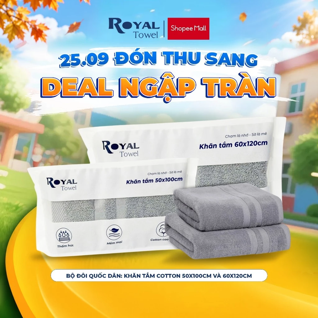 Bộ Đôi Quốc Dân: 1 Khăn 50x100cm và 1 Khăn 60x120cm Sợi Cotton Mềm Mịn, Thấm Hút Tốt, Không Xổ Lông, Không Phai Màu