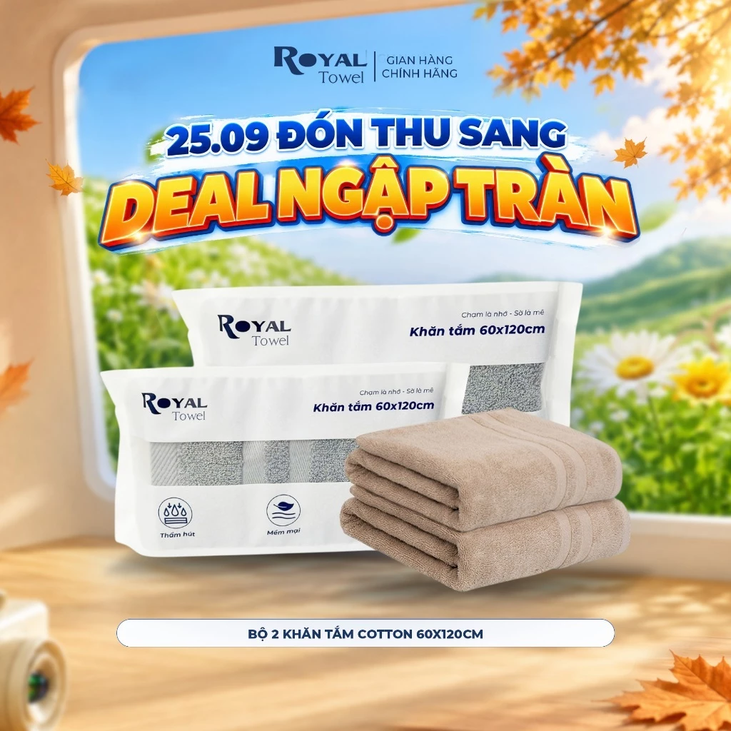 Bộ 2 Khăn Tắm Royal Towel 60x120cm Sợi Cotton Mềm Mịn, Thấm Hút Tốt, Không Xổ Lông, Không Phai Màu