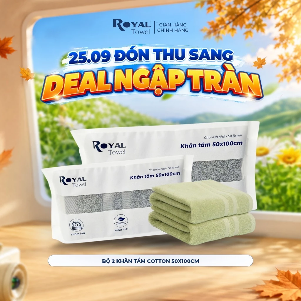 Bộ 2 Khăn Tắm Royal Towel 50x100cm Sợi Cotton Mềm Mịn, Thấm Hút Tốt, Không Xổ Lông, Không Phai Màu