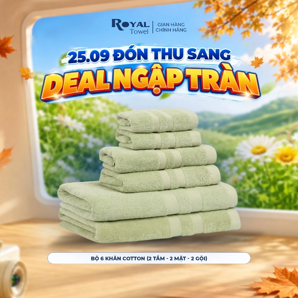 Bộ 6 Khăn Tắm Gội Mặt Royal Towel - 2 Mặt, 2 Gội, 2 Tắm 60x120cm Sợi Cotton Mềm Mịn, Thấm Hút Tốt, Không Xổ Lông