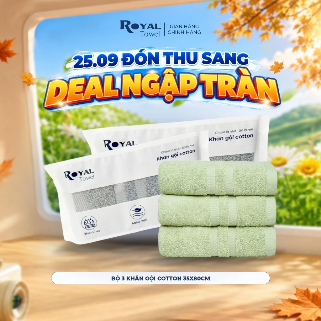 Bộ 3 Khăn Gội Royal Towel 35x80cm Sợi Cotton Mềm Mịn, Thấm Hút Tốt, Không Xổ Lông, Không Phai Màu