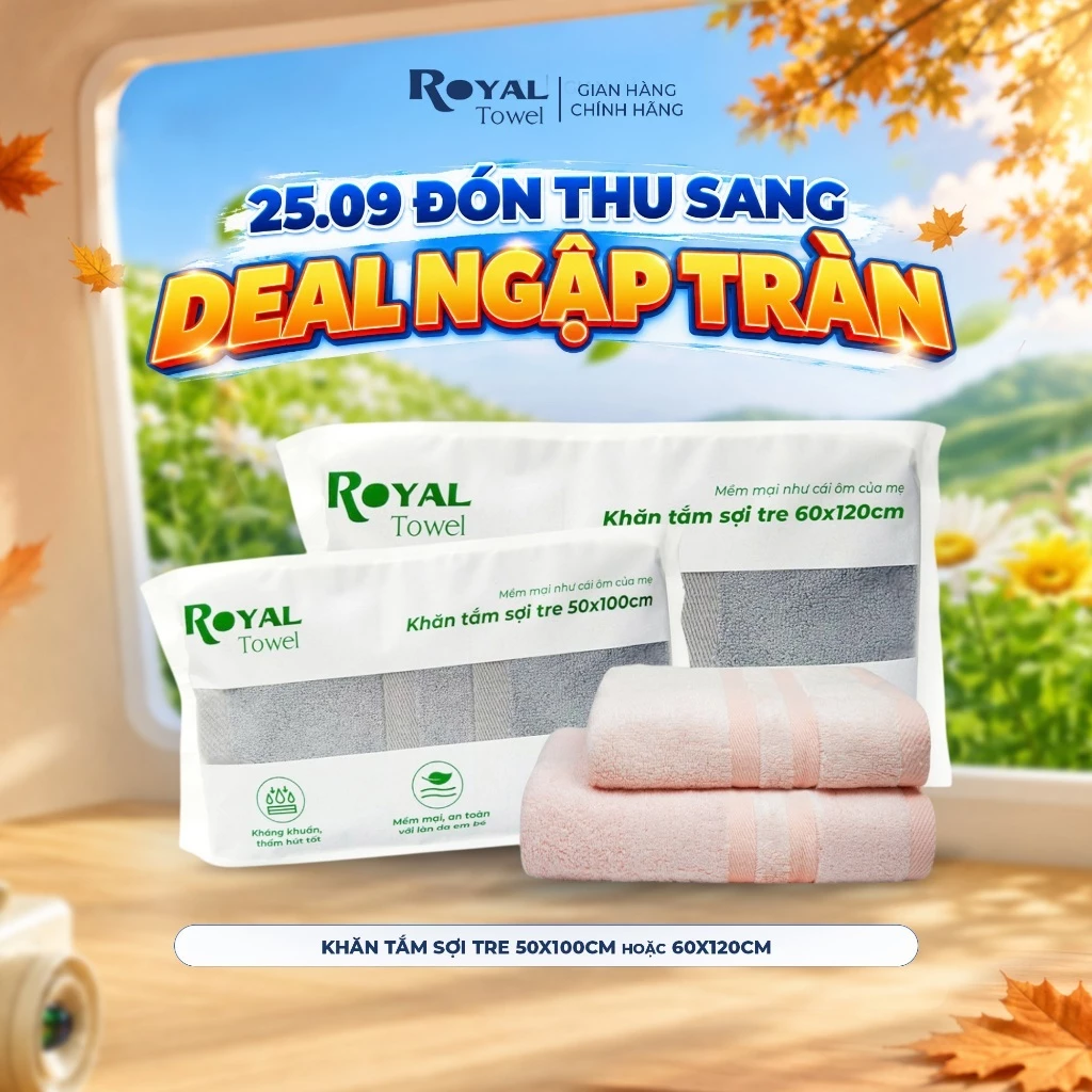 Khăn Tắm Royal Towel 50x100cm Hoặc 60x120cm Sợi Tre Bamboo, Mềm Mịn, Thấm Hút Tốt, Không Xổ Lông, Không Phai Màu