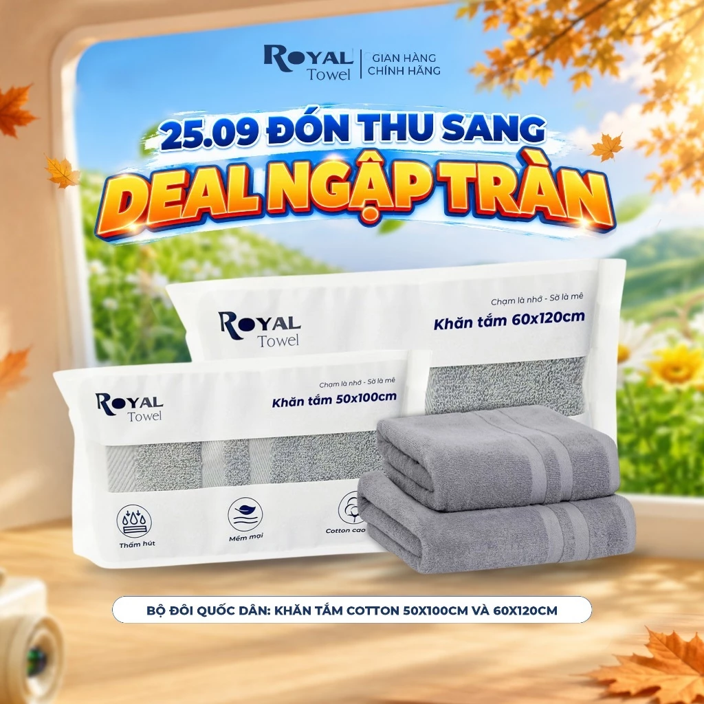 Bộ Đôi Quốc Dân: 1 Khăn 50x100cm và 1 Khăn 60x120cm Sợi Cotton Mềm Mịn, Thấm Hút Tốt, Không Xổ Lông, Không Phai Màu