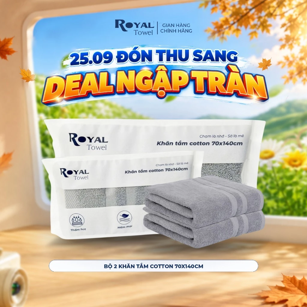 Bộ 2 Khăn Tắm Royal Towel 70x140cm Sợi Cotton Mềm Mịn, Thấm Hút Tốt, Không Xổ Lông, Không Phai Màu
