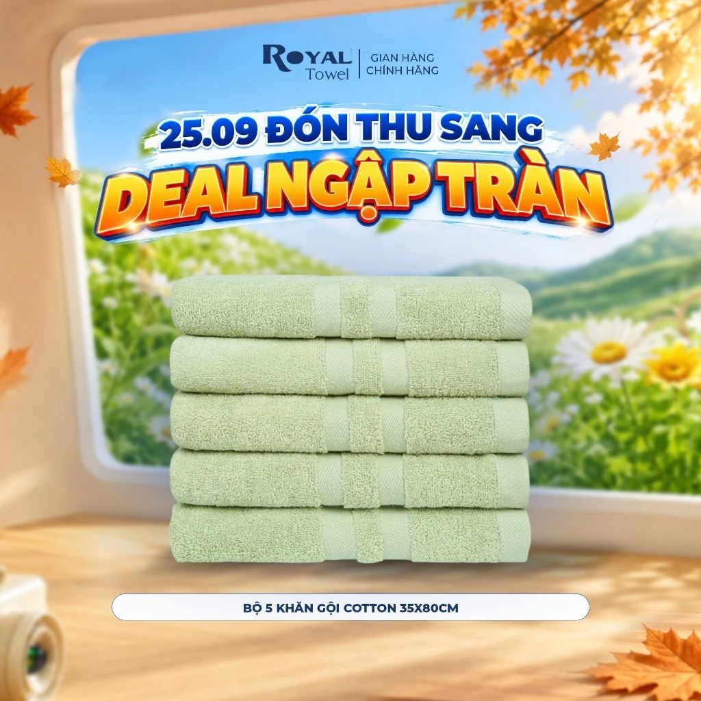 Bộ 5 Khăn Gội Royal Towel 35x80cm Sợi Cotton Mềm Mịn, Thấm Hút Tốt, Không Xổ Lông, Không Phai Màu