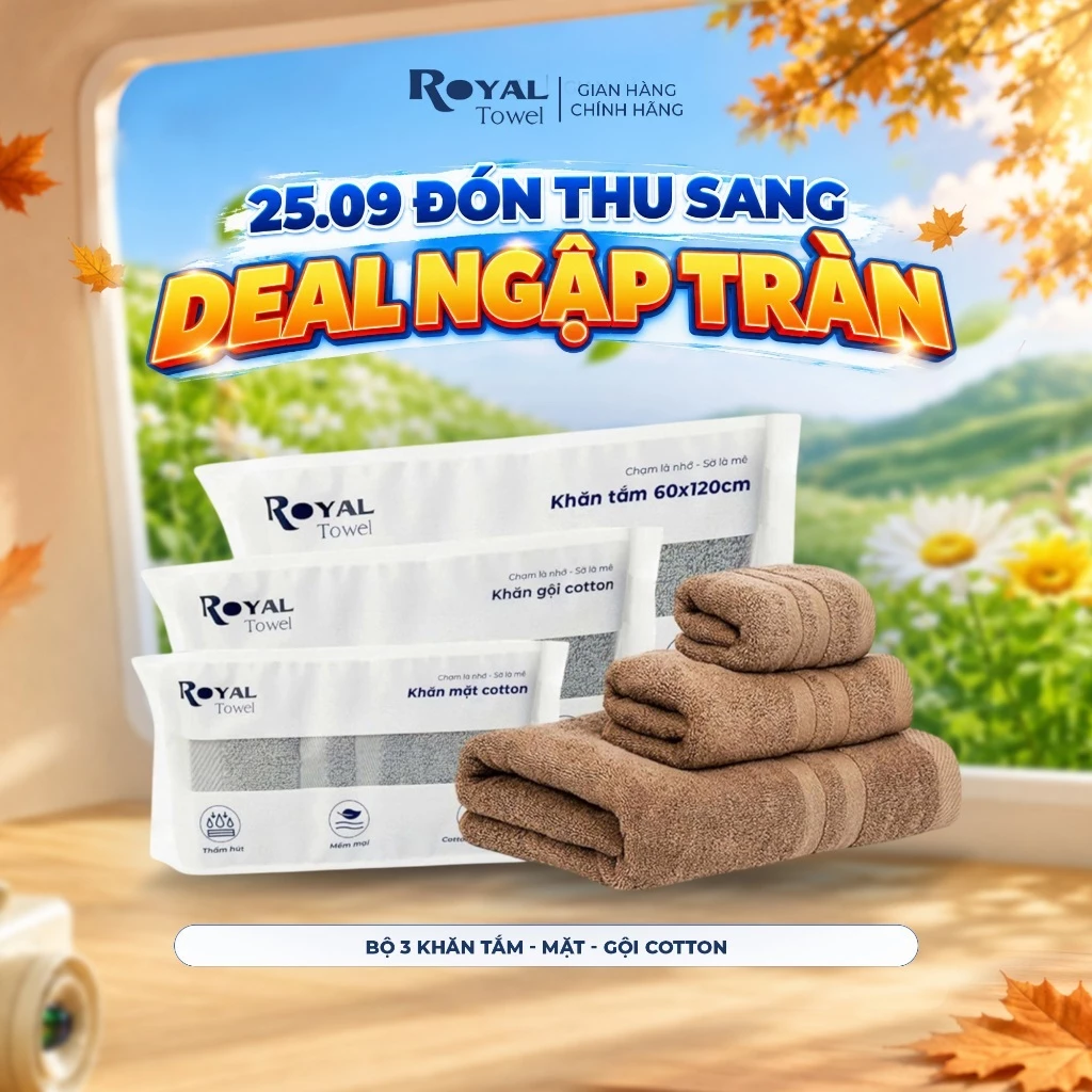 Bộ 3 Khăn Mặt Khăn Gội Khăn Tắm Royal Towel Sợi Cotton Mềm Mịn, Thấm Hút Tốt, Không Xổ Lông, Không Phai Màu