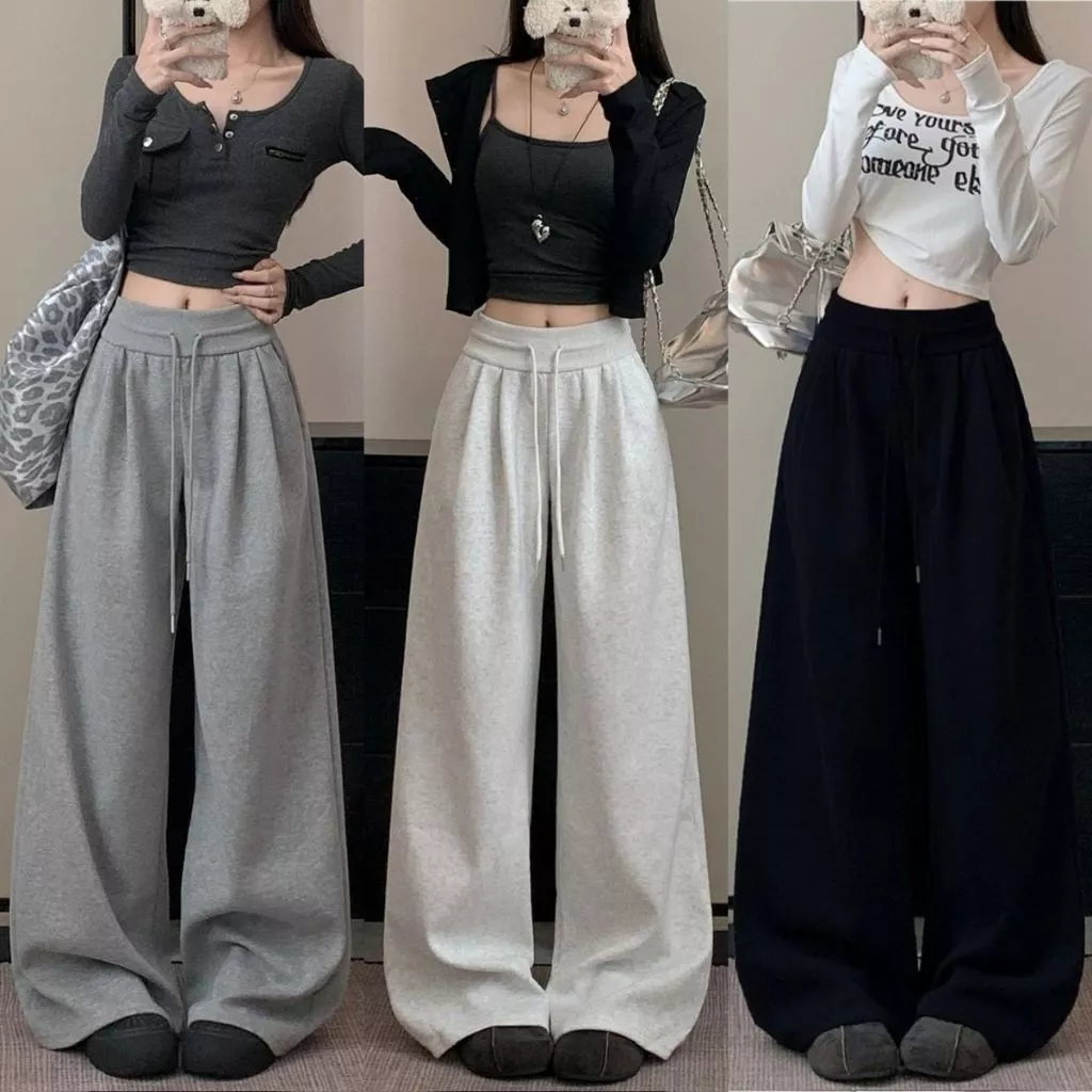 Quần Nỉ Suông Ống Rộng Basic Nữ Cạp Chun BẢN TO Dây Rút Chất Nỉ 2Da Không Xù Form Dáng Dài Nâng Mông BEU