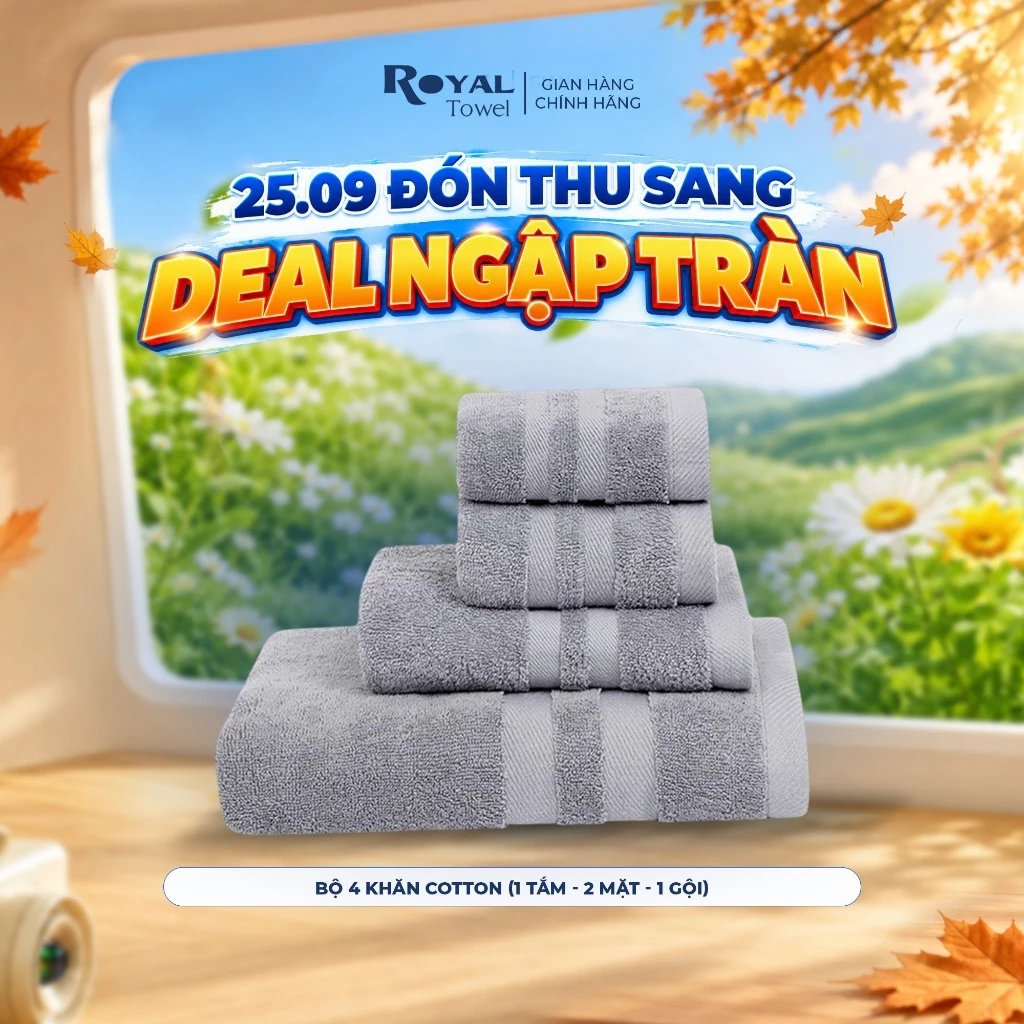 Bộ 4 Khăn Gồm 2 Mặt, 1 Gội, 1 Tắm 60x120cm Royal Towel Sợi Cotton Mềm Mịn, Thấm Hút Tốt, Không Xổ Lông, Không Phai Màu