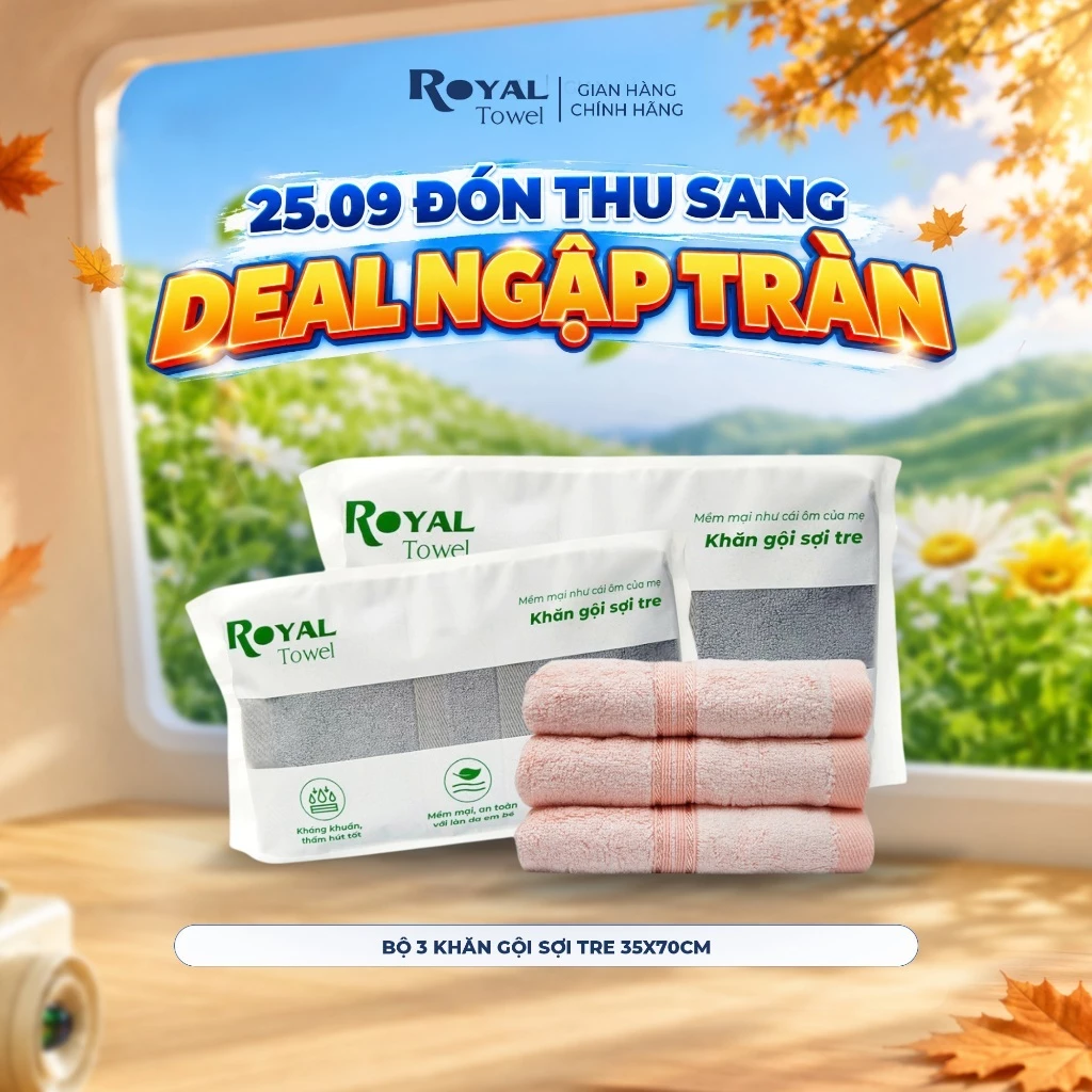 Bộ 3 Khăn Gội Royal Towel 35x70cm Sợi Tre Bamboo, Mềm Mịn, Thấm Hút Tốt, Không Xổ Lông, Không Phai Màu, An Toàn Cho Da