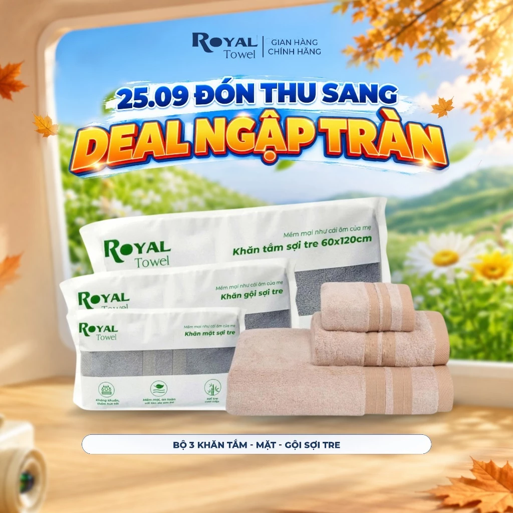 Bộ 3 Khăn Mặt, Gội, Tắm Royal Towel Sợi Tre Bamboo, Mềm Mịn, Thấm Hút Tốt, Không Xổ Lông, Không Phai Màu, An Toàn Cho Da