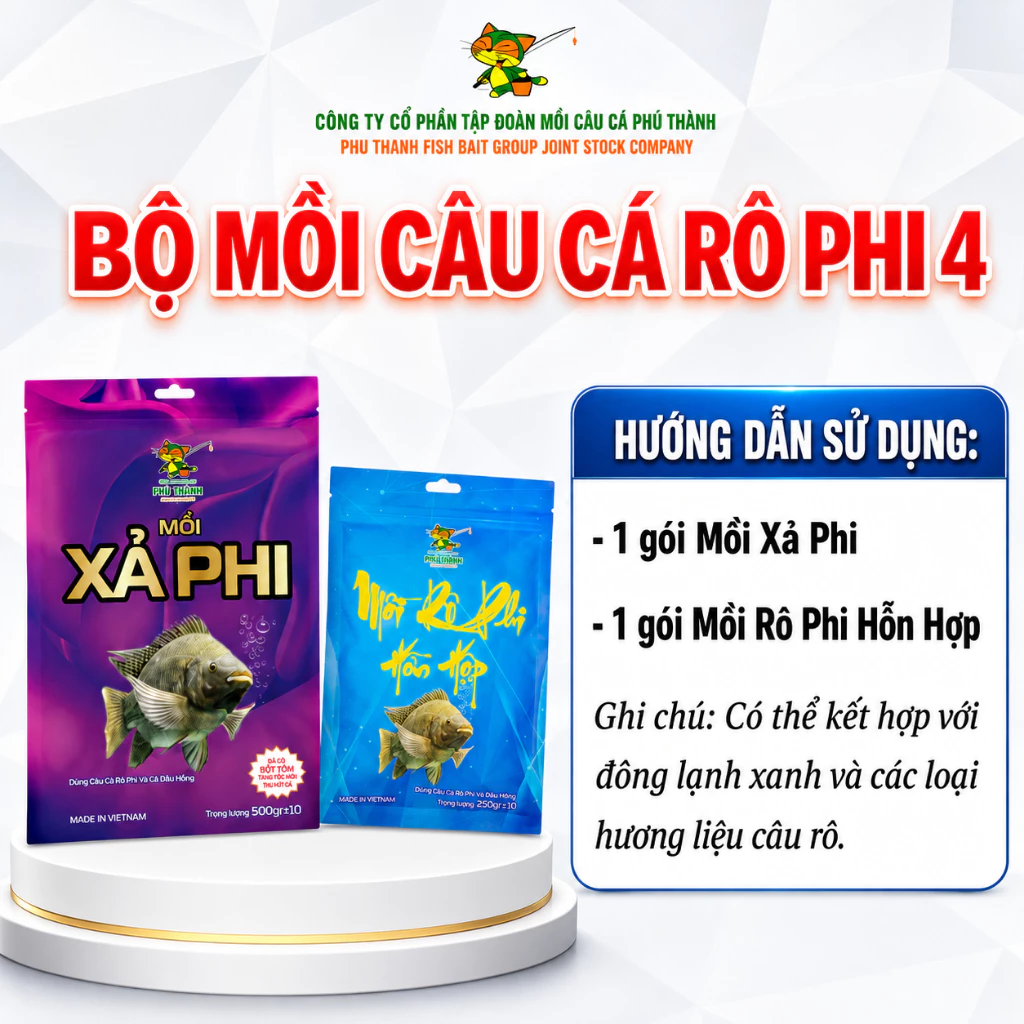 Bộ Mồi Câu Cá Rô Phi 4 chính hãng Phú Thành, chuyên dùng câu rô phi, diêu hồng