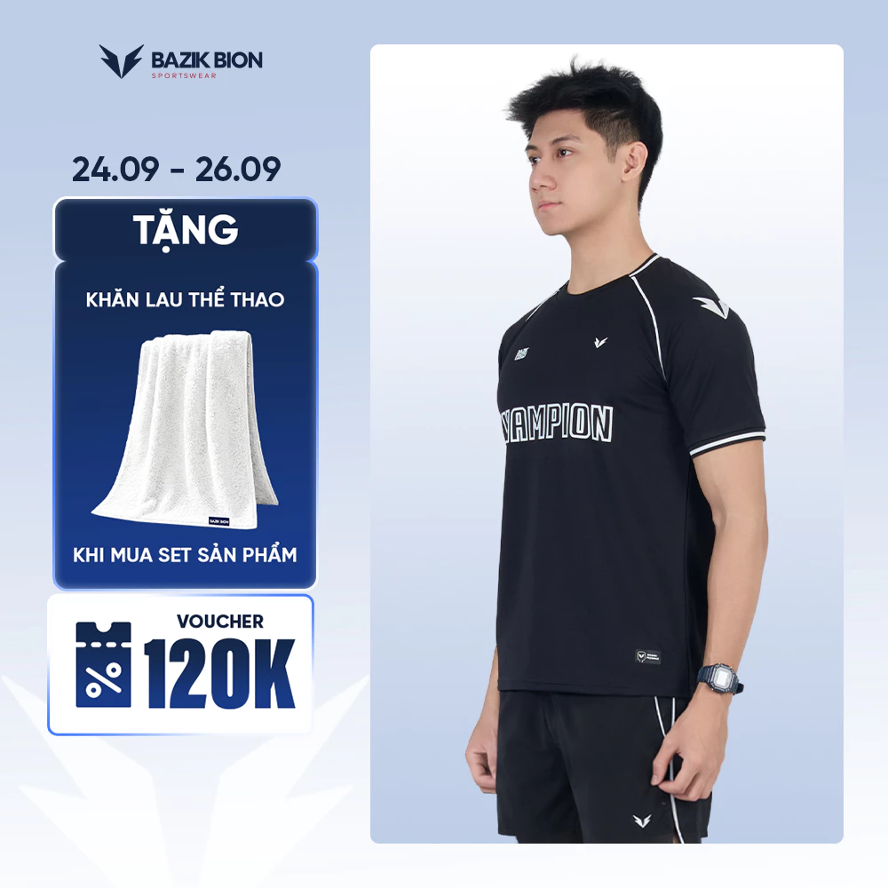 [LIMITED] Áo Thun Pickleball Nam BAZIK BION Champion, Phối Viền Thoáng Khí Co Giãn Nhanh Khô, Cầu Lông Tennis A78