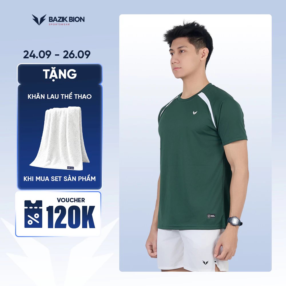 Áo Thun Pickleball Nam BAZIK BION Rise 02 Co Giãn Thấm Hút Nhanh Khô, Phối Vai Thể Thao, Cầu Lông Tennis - A76