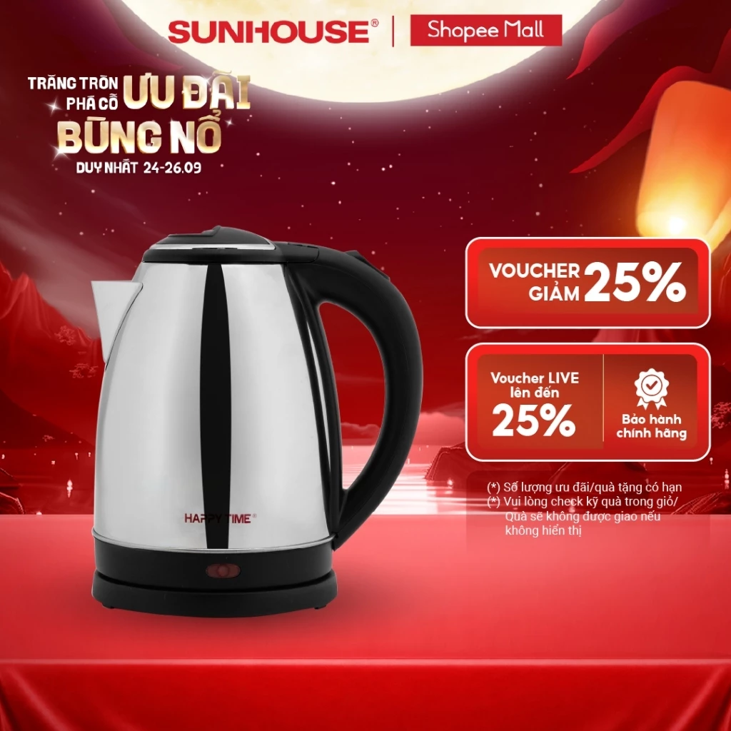 Ấm siêu tốc Inox 1.8L SUNHOUSE Happy Time HTD1081 - Hàng chính hãng - Bảo hành 12 tháng